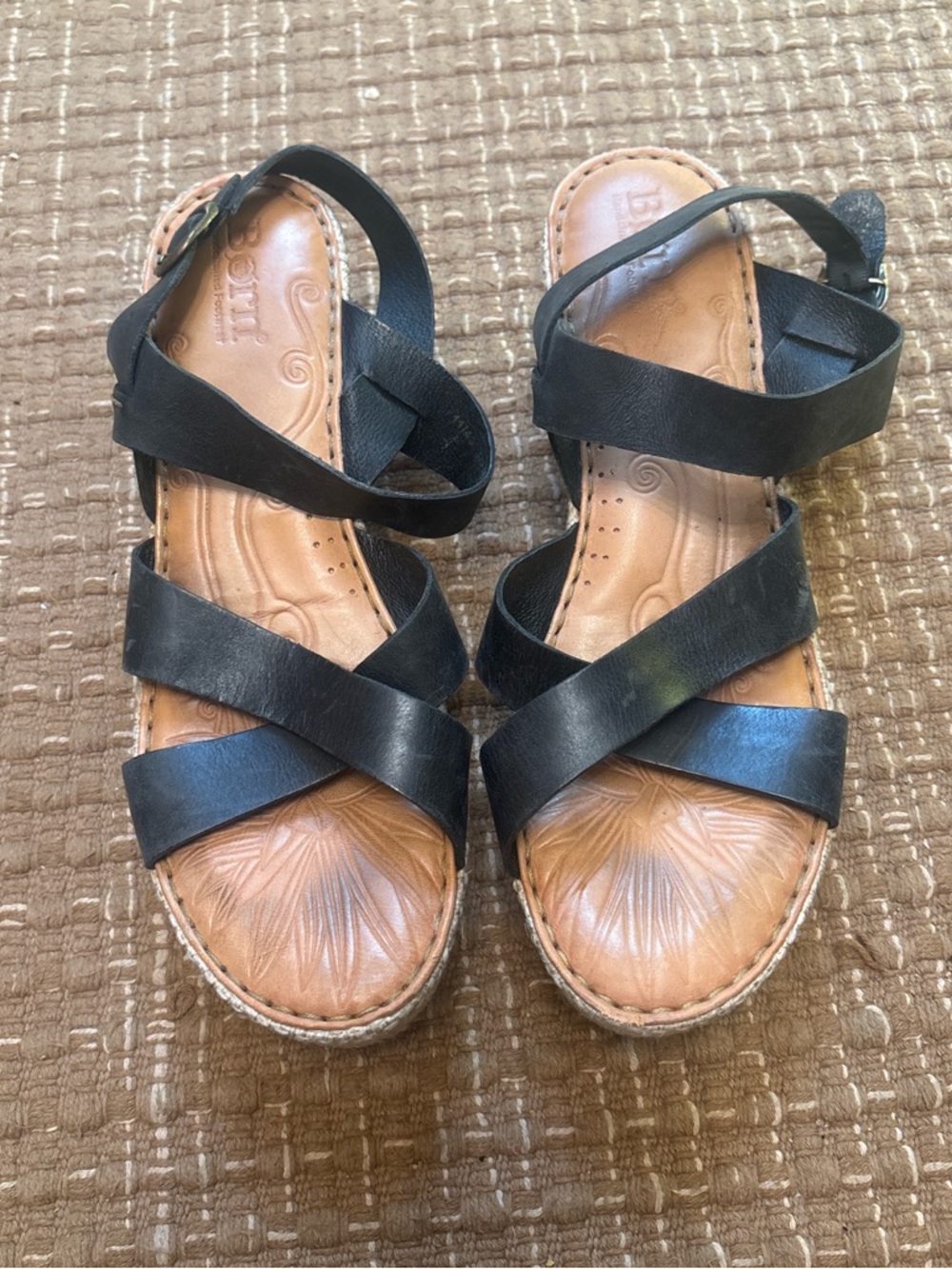 Born Black Leather Strappy Women’s Sandals with Tan Footbed